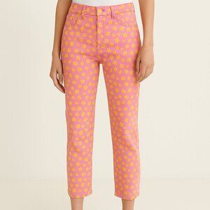 Zara Floral Straight Leg Ankle Jeans Coral Pink Yellow Flowers Size 6